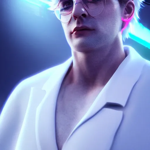 Image similar to portrait art of rick sanchez, spikey hair, white lab coat, lens flare, atmosphere, glow, detailed, intricate, full of colour, cinematic lighting, trending on artstation, 4 k, hyperrealistic, focused, extreme details, unreal engine 5, cinematic, masterpiece