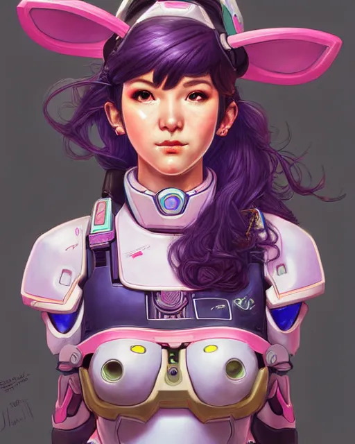Image similar to d. va from overwatch, character portrait, portrait, close up, concept art, intricate details, highly detailed by jean giraud