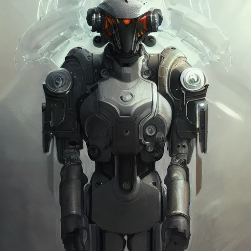 Image similar to portrait painting of a cybernetic grey crow with power armor, ultra realistic, concept art, intricate details, eerie, highly detailed, photorealistic, octane render, 8 k, unreal engine. art by artgerm and greg rutkowski and alphonse mucha