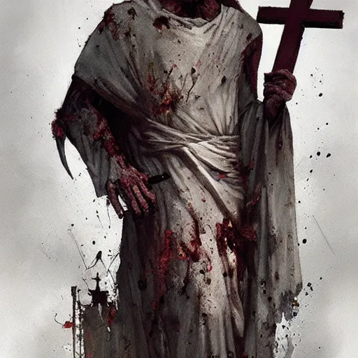 Image similar to zombie jesus christ with cross, greg rutkowski, trending on artstation,