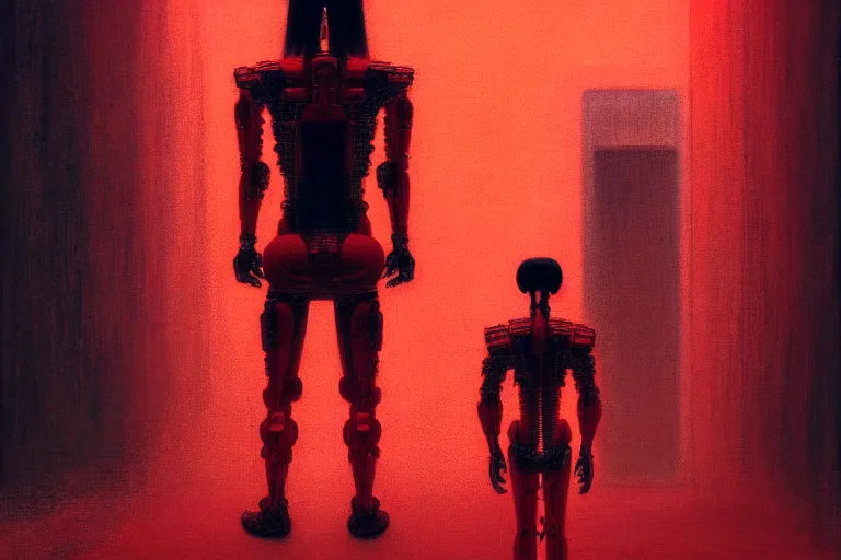 Image similar to only with red, a red samurai humanoid, tokio futuristic in background, yokai, in the style of beksinski, parts by edward hopper, parts by rodcenko, parts by yue minjun, intricate and epic composition, red by caravaggio, insanely quality, highly detailed, masterpiece, red light, artstation, 4 k