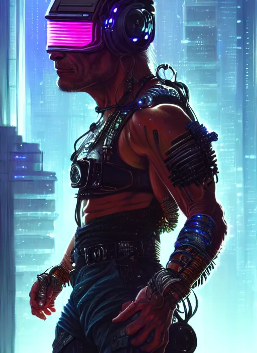 Prompt: van damme as cyberpunk raider, intricate, elegant, glowing lights, highly detailed, digital painting, artstation, glamor pose, concept art, smooth, sharp focus, illustration, art by artgerm and greg rutkowski, artey freytag