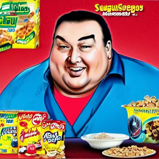 Prompt: obese steven seagal as sponsor of a sugary cereal called aikidos! with mischievous cartoon rat mascot