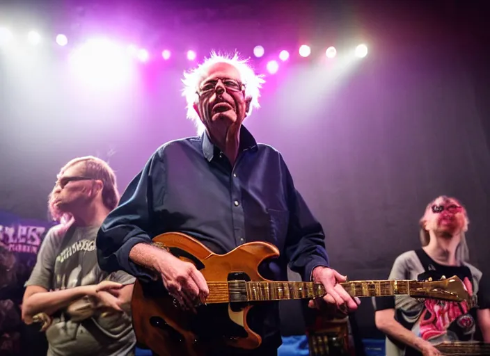 Image similar to publicity photo still of bernie sanders in a punk band playing live on stage, 8 k, live concert lighting, mid shot