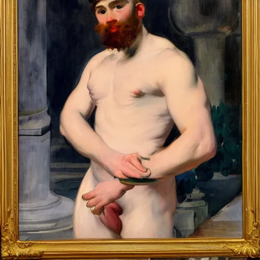 Image similar to Olympia by Édouard Manet, but as a muscular man