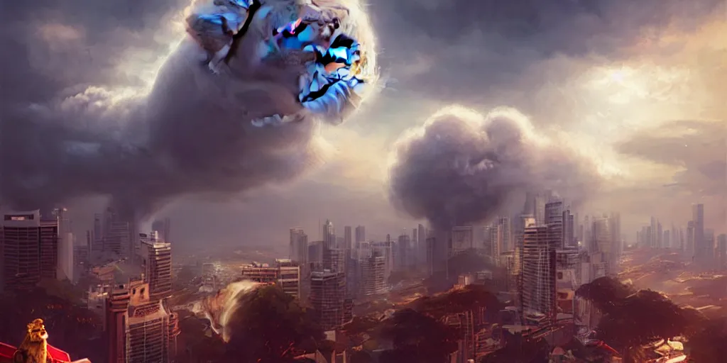 Prompt: Singapore city with a lion-shaped!!!!! cloud in the sky, by greg rutkowski, red and white lighting, digital art, ultra realistic, ultra detailed, photorealistic, 4k, character concept