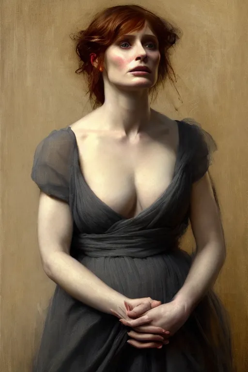 Prompt: portrait en buste Bryce Dallas Howard in Georgian dress by Roberto Ferri, by Jeremy Lipking, Realism, abundant detail, muted tones, Regency-Era