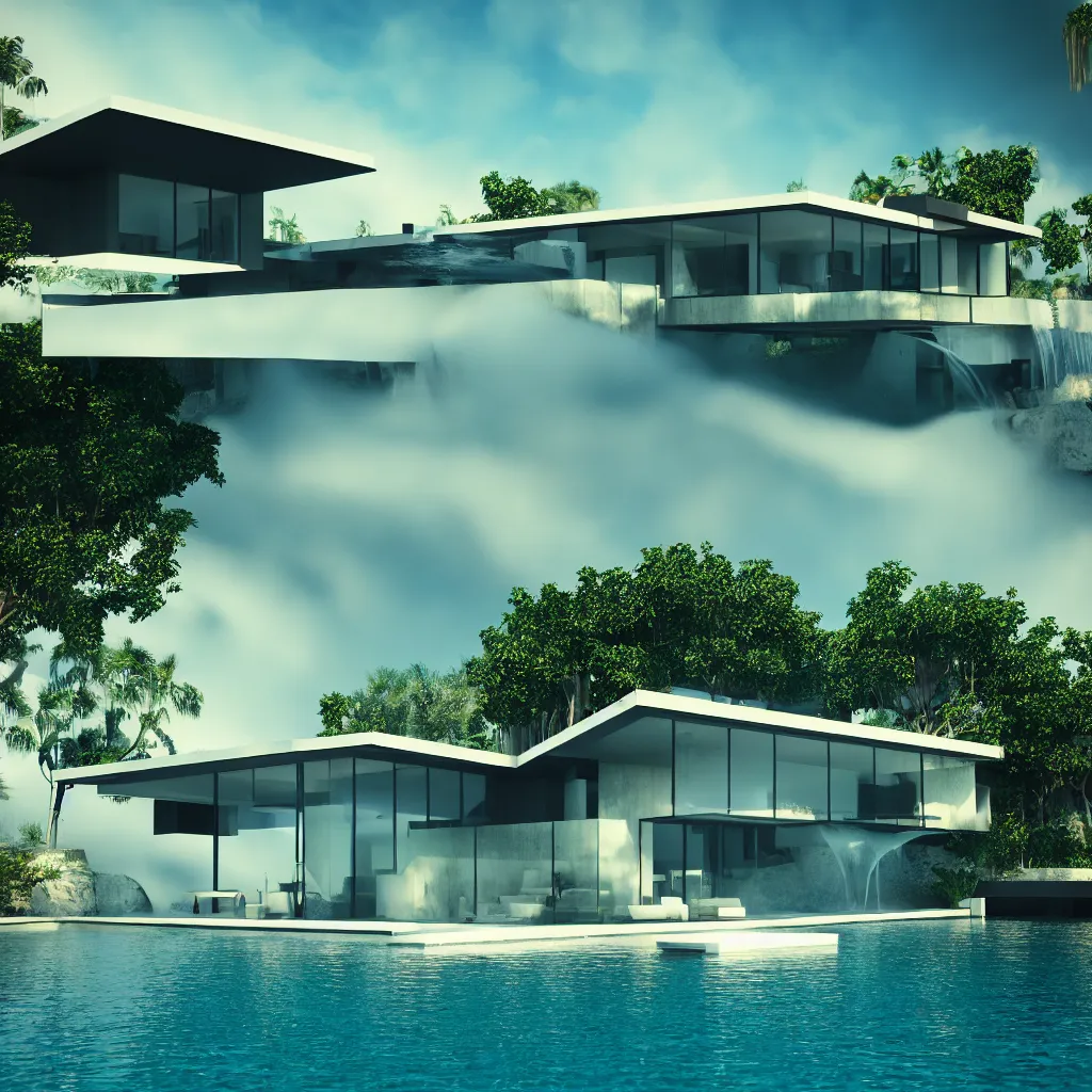 Prompt: a floating modern la style house, water fall falling from an infinity pool. octane render, v - ray, cinematographic, photo - bash, beautiful atmospheric background, ambient occlusion, architectural render