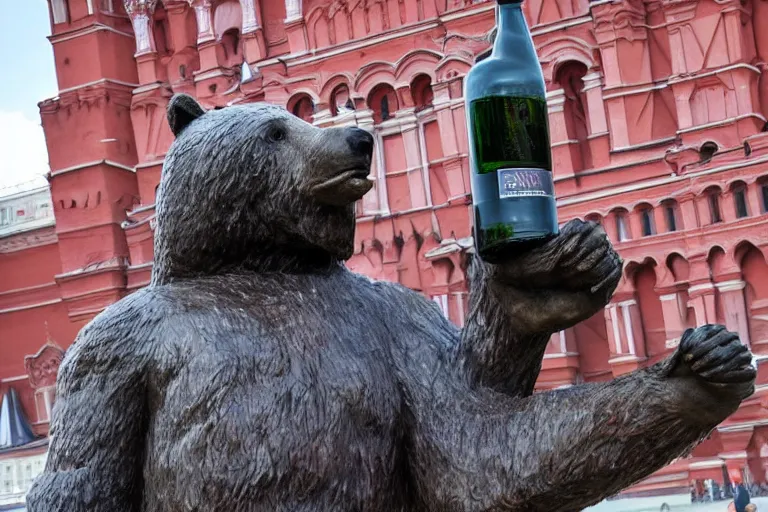 Prompt: a gigantic statue of bear holding a bottle of vodka in the middle of the red square, excited russians, symmetry, awesome exposition, very detailed, highly accurate, 8 k