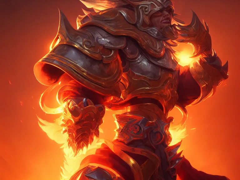 Image similar to portrait of sun emperor doctor trump, flaming heavy armor and whip, rule of thirds, orange gradient, photorealistic facial features, league of legends splash art, by chengwei pan, huang guangjian, viktoria gavrilenko, artgerm, greg rutkowski, 8 k, octane, digital painting, artstation