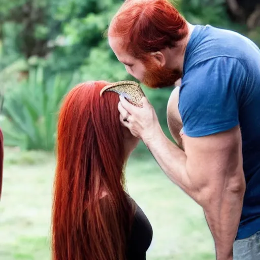 Image similar to a man gently slapping a woman in the face with a lizard. The man has a dark well groomed beard, the woman is attractive with straight red orange hair in the face with a lizard