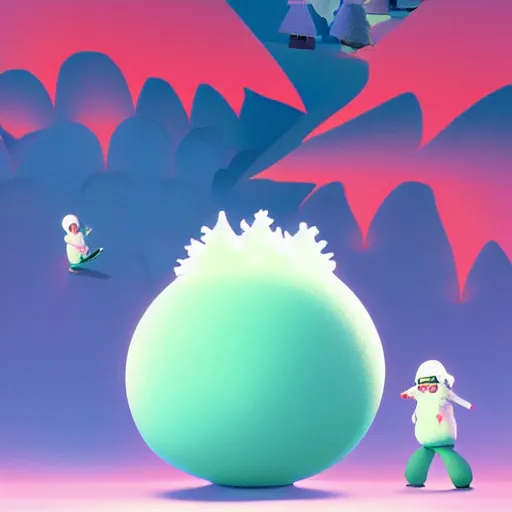 Prompt: a portrait of a mochi snowball - happily eating cannabis cookies with friends, friendly characters snowboarding in a gelatinous environment 3 d rendered in octane, by eyvind earle artgerm