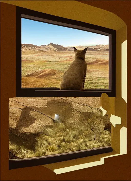 Image similar to cat watching a martian landscape from inside a window, photorealism