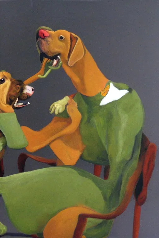 Image similar to red herring and green dog painting a picture together