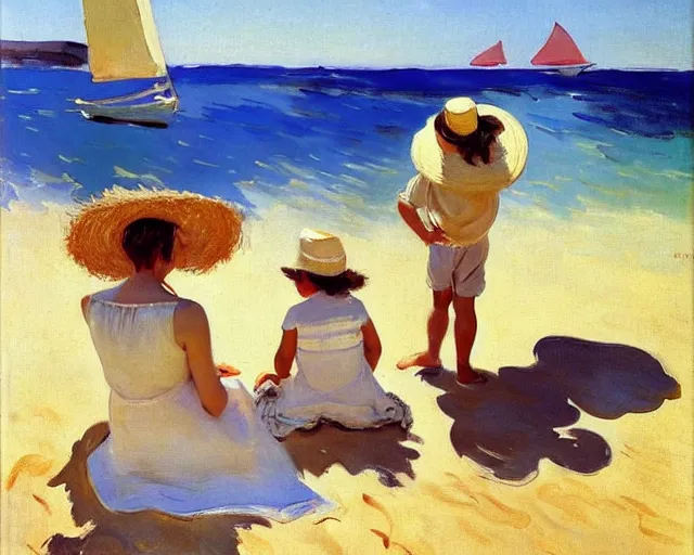 Image similar to a couple and a girl toddler on a beach in sardinia looking at a sailing boat, the man is wearing a panama hat, the woman has long dark hair, white sand, blue sky, summer, white and blue, painting by joaquin sorolla