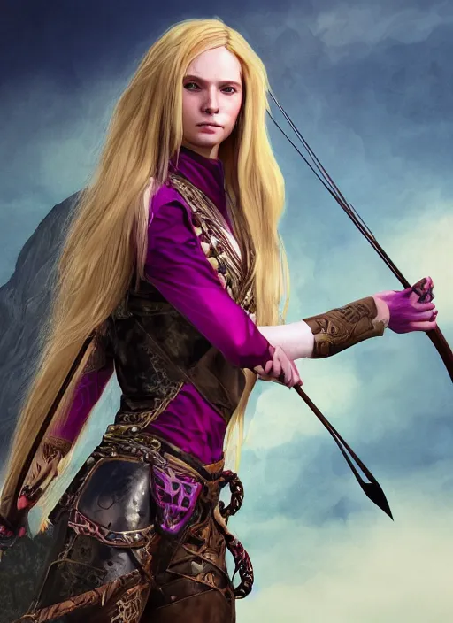 Image similar to An epic fantasy comic book style portrait painting of a young girl with long blonde hair and blue eyes. Wearing brown and magenta leather tribal combat clothes. She is holding hunting bow. Unreal 5, DAZ, hyperrealistic, octane render, cosplay, RPG portrait, dynamic lighting