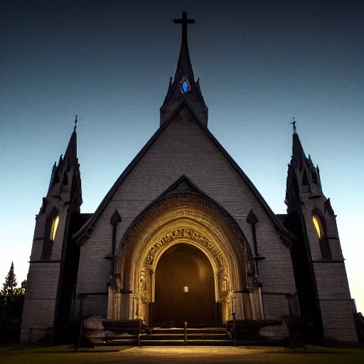 Prompt: wide shot photo taken of an epic intricate, ultra detailed, super realistic empty church after dusk filmset created by weta workshop directed by tim burton, menacing, wide angle shots, moody night time scene, photorealistic, sharp focus, gloomy, extremely cold blueish colour temperature, 3 5 mm, f 1. 4