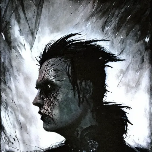 Prompt: gaunt ( the cure fan ) as dream from sandman, dim stars as eyes, dracula, by jeremy mann, by cedric peyravernay, by ben templesmith, by dave mckean and richard avedon, dramatic lightning, sadness, dark eye sockets, in the shadows, punk rock, gothic, high detailed, 8 k