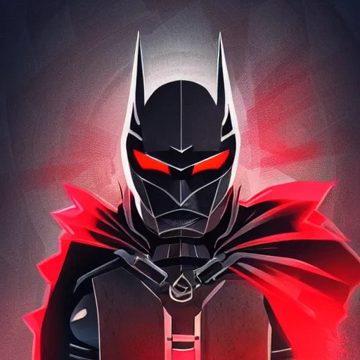 Prompt: a dark knight with bright red glowing eyes, wearing a unique helmet with a stunning architectural design, professional artwork, anime art
