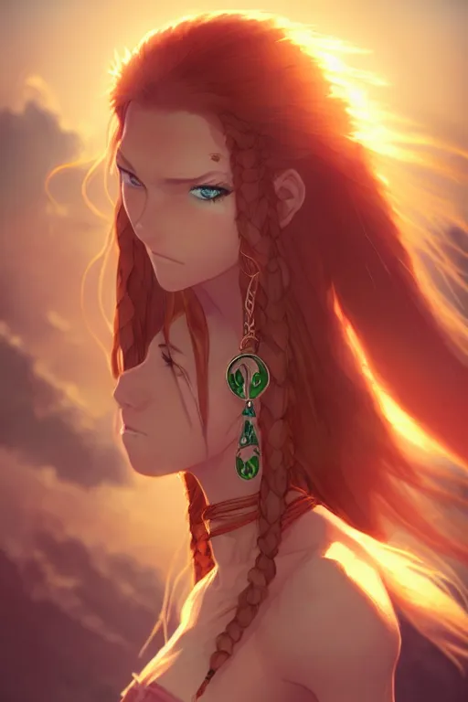 Image similar to long ginger hair, tanned woman in a prehistoric outfit, green eyes, fang necklace, by artgerm, hair tied in a ponytail, white backdrop, soft lighting, night scene, by greg rutkowski makoto shinkai takashi takeuchi