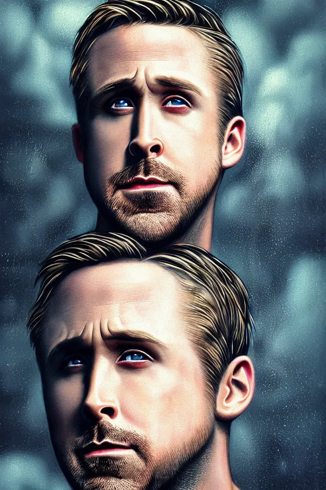 Image similar to Ryan Gosling As The Punisher, skull face makeup, head and shoulders portrait, stormy weather, extremely detailed masterpiece, oil on canvas, low-key neon lighting, artstation, Blade Runner 2049, Roger Deakin’s cinematography, by J. C. Leyendecker and Peter Paul Rubens and Edward Hopper and Michael Sowa