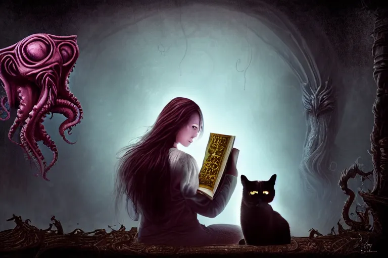 Image similar to romantic photo of bright girl, her cat and her book of necronomicon, symmetrical, cinematic, real dlsr photography, sharp focus, 4 k, ultra hd, sense of awe, sinister demonic atmosphere, dreadful, forbidden knowledge, old gods, cthulhu, yog - sothoth! yah, yah, yah! cultist journal cover