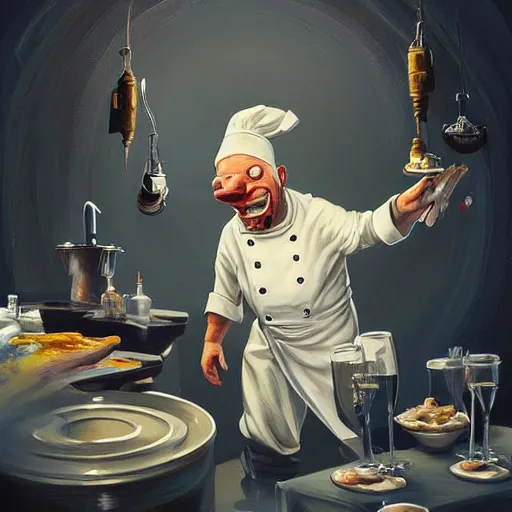 Prompt: an insanely detailed painting of bill burr wearing a chef costume, staring nervously at a drunk guy brushing his teeth, in the style of peter mohrbacher, dramatic lighting and composition, trending on artstation, concept art, comic book