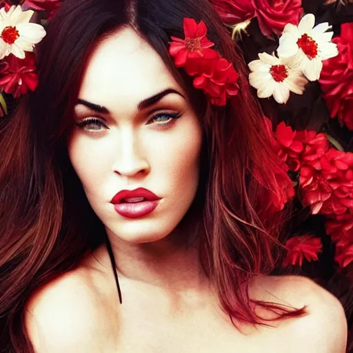 Image similar to “Megan Fox Red composed of flowers, ultra detailed portrait, 4k resolution”