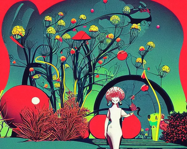 Prompt: pop surrealism alien pavilion garden, retro stylized illustration by leiji matsumoto