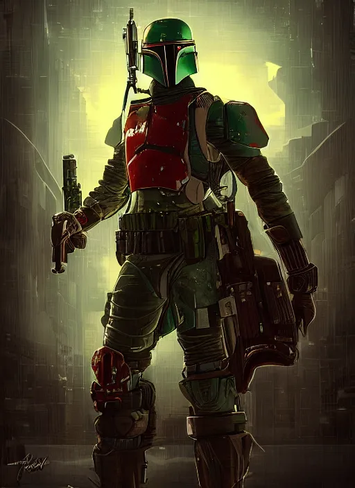 Image similar to cyberpunk x boba fett, digital art, character mashup, epic lighting, combination art