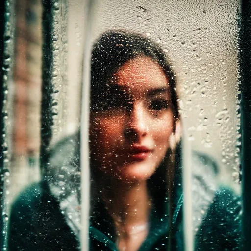 Image similar to a beautiful people photographed through a rainy window, bokeh, cinematic light,