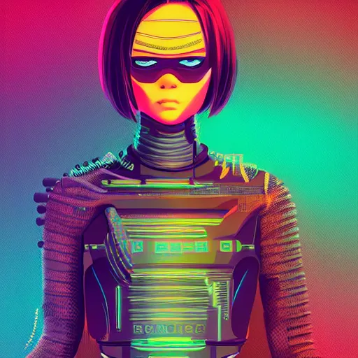 Image similar to a highly detailed full body portrait of a cyborg ninja by ilya kuvshinov in synthwave style with a cyberpunk colorful background with brokeh effect