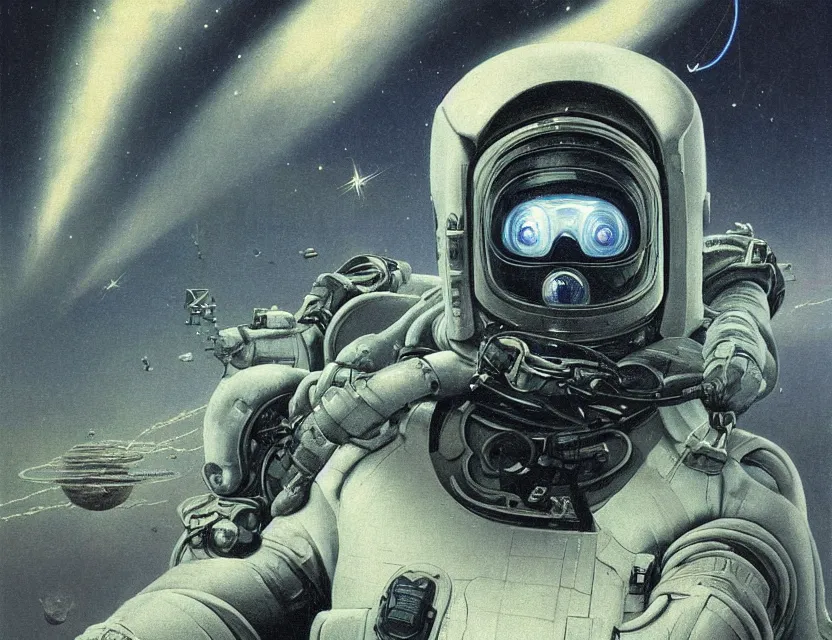 Prompt: a detailed portrait painting of a lone space pilot wearing a gasmask and laser eyes. Head and chest only. Movie scene, cinematic sci-fi scene. Flight suit, cloth and metal, accurate anatomy. portrait symmetrical and science fiction theme with lightning, aurora lighting. clouds and stars. Futurism by beksinski carl spitzweg moebius and tuomas korpi. baroque elements. baroque element. intricate artwork by caravaggio. Oil painting. Trending on artstation. 8k