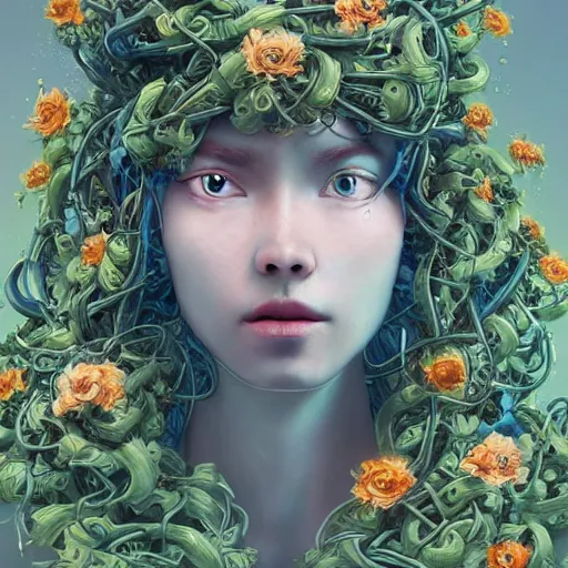 Prompt: colourful vfx art - portrait of army mecha robot wrapped in flowers & vines, art by hsiao - ron cheng & james jean, volumetric light, ray tracing, sharp, detailed, digital painting, illustration, highly detailed, intricate detail, unreal engine, octane render, pinterest, behance, art station,