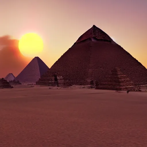 Image similar to the great pyramids during a summer sunset, unreal engine