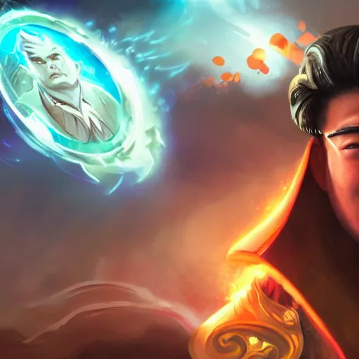 Image similar to portrait of kim - jong un as a spellcaster and mage, league of legends amazing splashscreen artwork, splash art, natural light, elegant, photorealistic facial features, intricate, fantasy, detailed face, atmospheric lighting, anamorphic lens flare, cinematic lighting, league of legends splash art, hd wallpaper, ultra high details by greg rutkowski