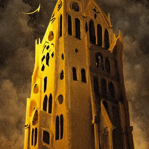 Image similar to A terrified catholic priest in his thirties kneeled in fervent prayer at the summit of a tall medieval tower. Eyes are wide open with fear looking straight at the viewer. Dressed in white. An ominous yellow shadow is descending upon him from the night sky. Award-winning digital art, trending on ArtStation