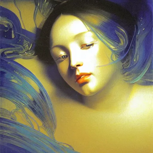 Image similar to a chrome woman's face in flowing sheets of cobalt blue gold chrome silver satin, by moebius syd mead roger dean wojciech siudmak donato giancola yoshitaka amano ivan aivazovsky jan de heem pieter claesz paul delaroche alma tadema aelbert cuyp willem claesz, hyperrealistic volumetric light render