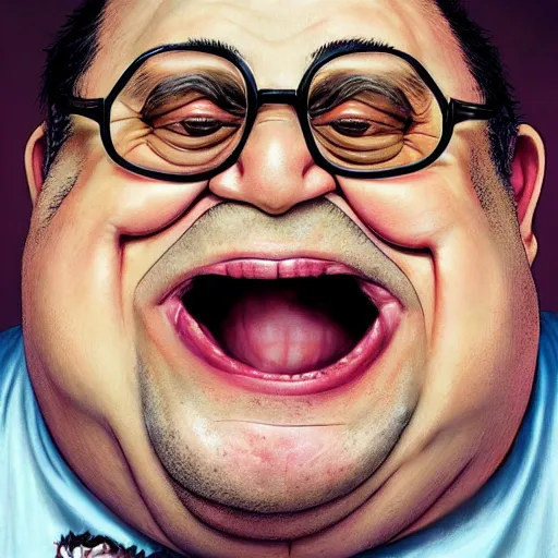 Prompt: hyper realistic, close up portrait of a mega derpy danny devito, big chungus, with bunny ears, smoking massive amounts of weed, big smile, chunk teeth, by greg rutkowski, scott m fischer, artgerm, loish, slight glow, atmospheric, anne stokes, alexandros pyromallis, 4 k, 8 k