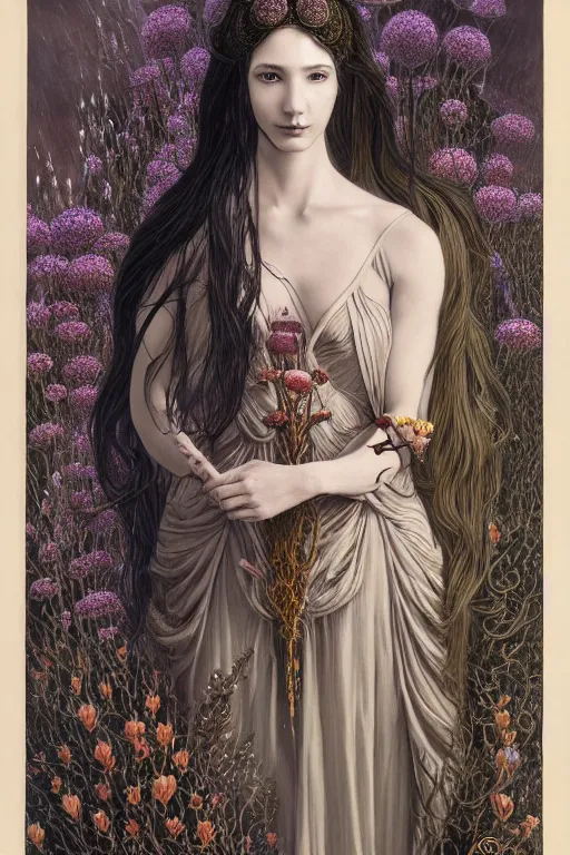 Image similar to portrait of a young female wizard in flowing sensual dress, arrogant, long fine flowing hair, delicate, looking at camera, slight nerdy awkward smile, realistic face, stylish, elegant, grimdark fantasy, flowers, mysterious, extremely detailed painting inspired by Gerald Brom and Ernst Haeckel and Victor Nizovtsev, studio lighting