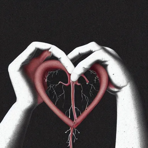 Image similar to a photoillustration of hands ripping a heart in two broken pieces, sadness, dark ambiance, an album cover by Godfrey Blow, featured on deviantart, lyco art, artwork, poster art