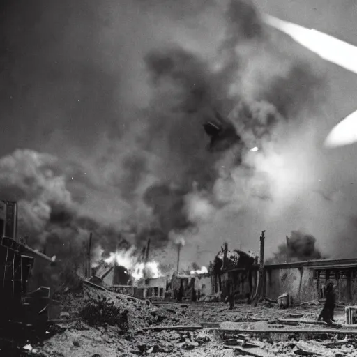 Prompt: world war 2 combat scene in city with explosions, photography style