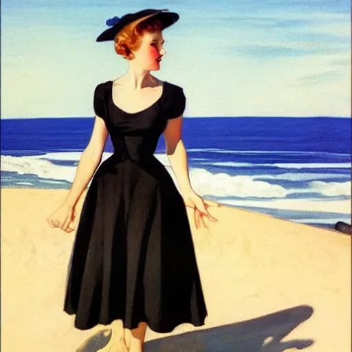 Image similar to woman in black dress on the beach, blue sky, leyendecker style