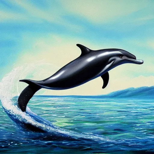 Image similar to steve jobs riding a dolphin, painting