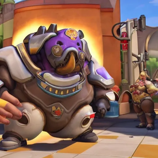Prompt: Roadhog from Activision Blizzard’s Overwatch video game eats at McDonald’s with Obama