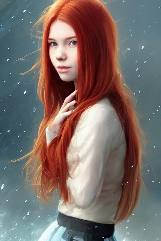 Image similar to ultra realistic style illustration of a beautiful cute red haired joyful teen girl, full body portrait, long hair, sci - fi, fantasy, intricate, elegant, digital painting, artstation, concept art, smooth, sharp focus, 8 k frostbite 3 engine, ultra detailed, art by artgerm and greg rutkowski and magali villeneuve