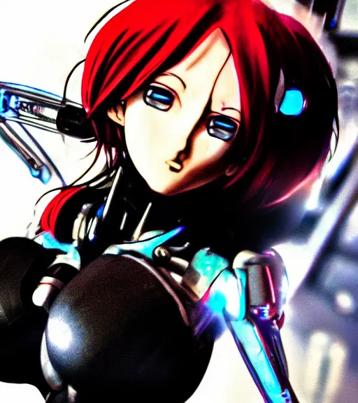 Image similar to anime tired damaged cyborg girl angry detailed rendering realistic depth of field lens flare photo movie by Leica Zeiss hd with frank Miller Alex Ross trending Flickr