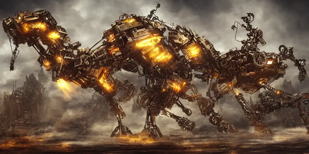 Image similar to steampunk mecha dragon charging up a powerful attack, scifi, extremely detailed