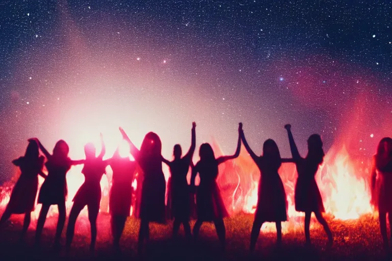 Prompt: blured shadows of dancing young women on pink light, close-up, focused background blue night sky with stars and orange campfire, polaroid photo