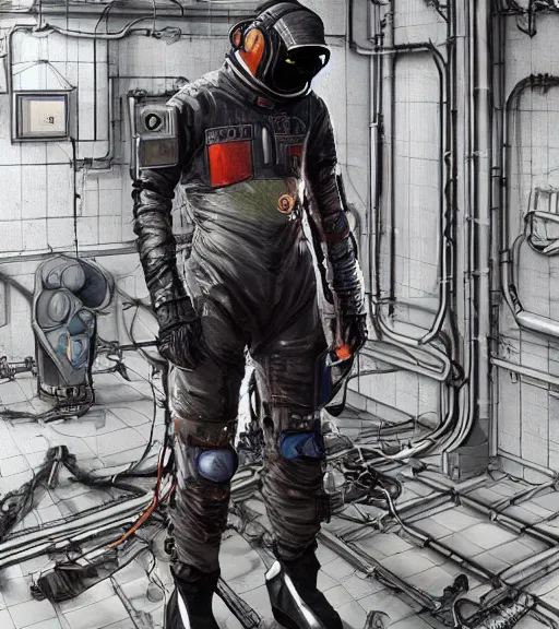 Image similar to realistic cyberpunk japanese engineer with long limbs and a black spacesuit welding a wall, techwear, dead space, visible face, Industrial Scifi, detailed illustration, character portrait, by Martin Grip and Moebius